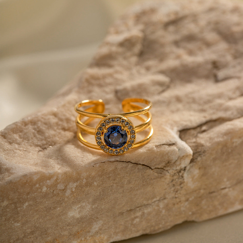18K Gold Noble Atmosphere Inlaid Blue Zircon Open Design Versatile Ring
