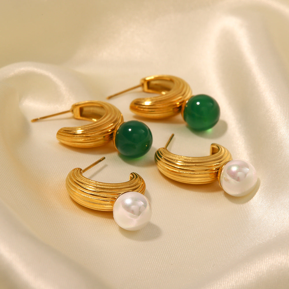 18K Gold Fashion Retro C Shape Thread Inlaid Pearl Versatile Earrings