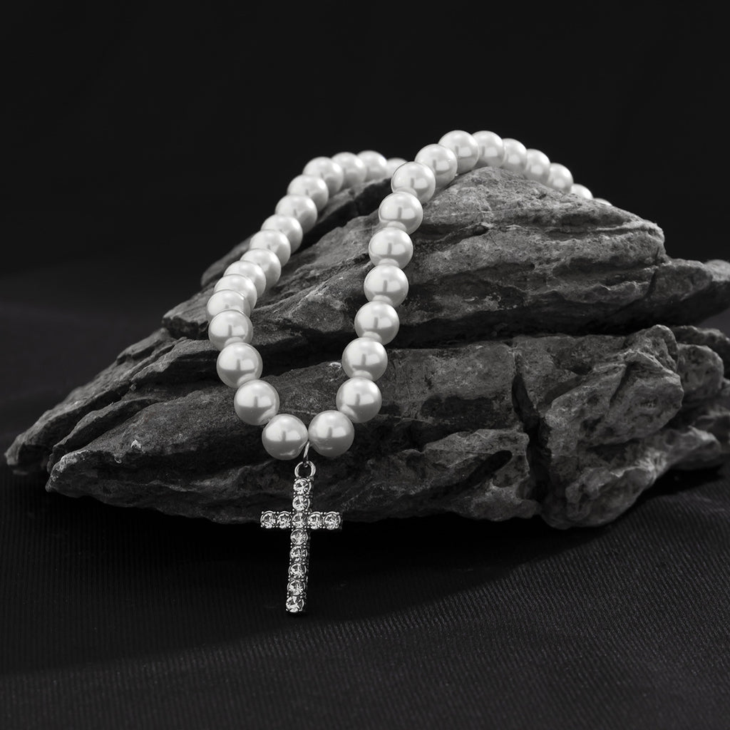 Vintage Hip Hop Diamond Pearl Cross Pendant Necklace