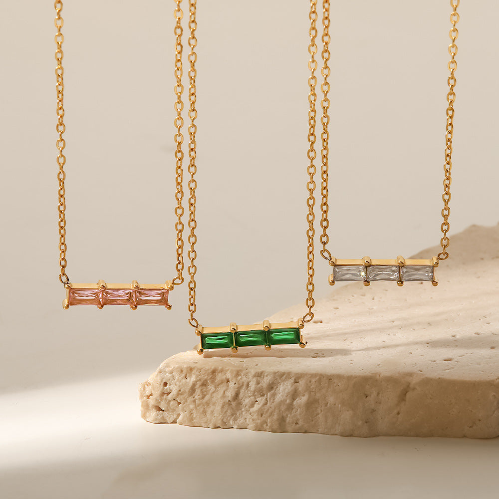 18K gold inlaid three green/pink/white zircon all-match necklace
