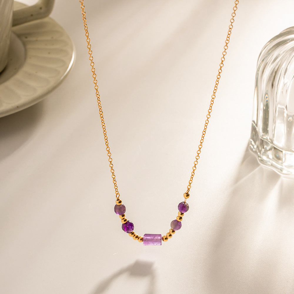 18K Gold Exquisite Fashion with Purple Crystal Pendant Design Versatile Necklace