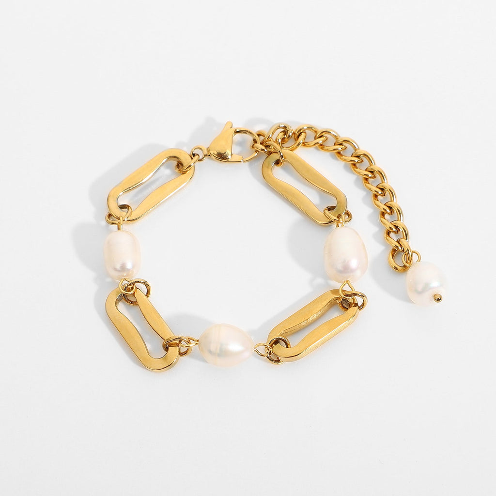 18K Gold Baroque Rectangular Chain Spacer Pearl Bracelet