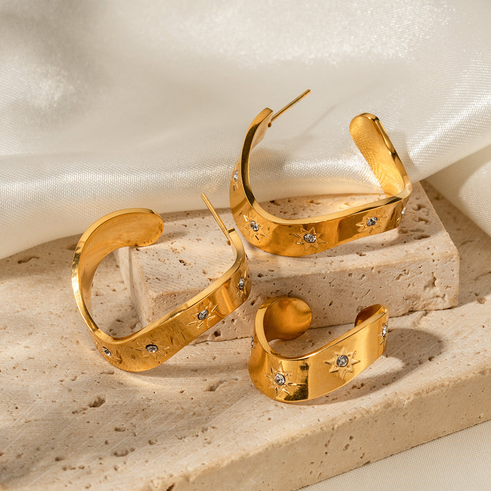 18k Gold Classic Simple C-shaped Star Pattern Inlaid Zircon Design Versatile Earrings