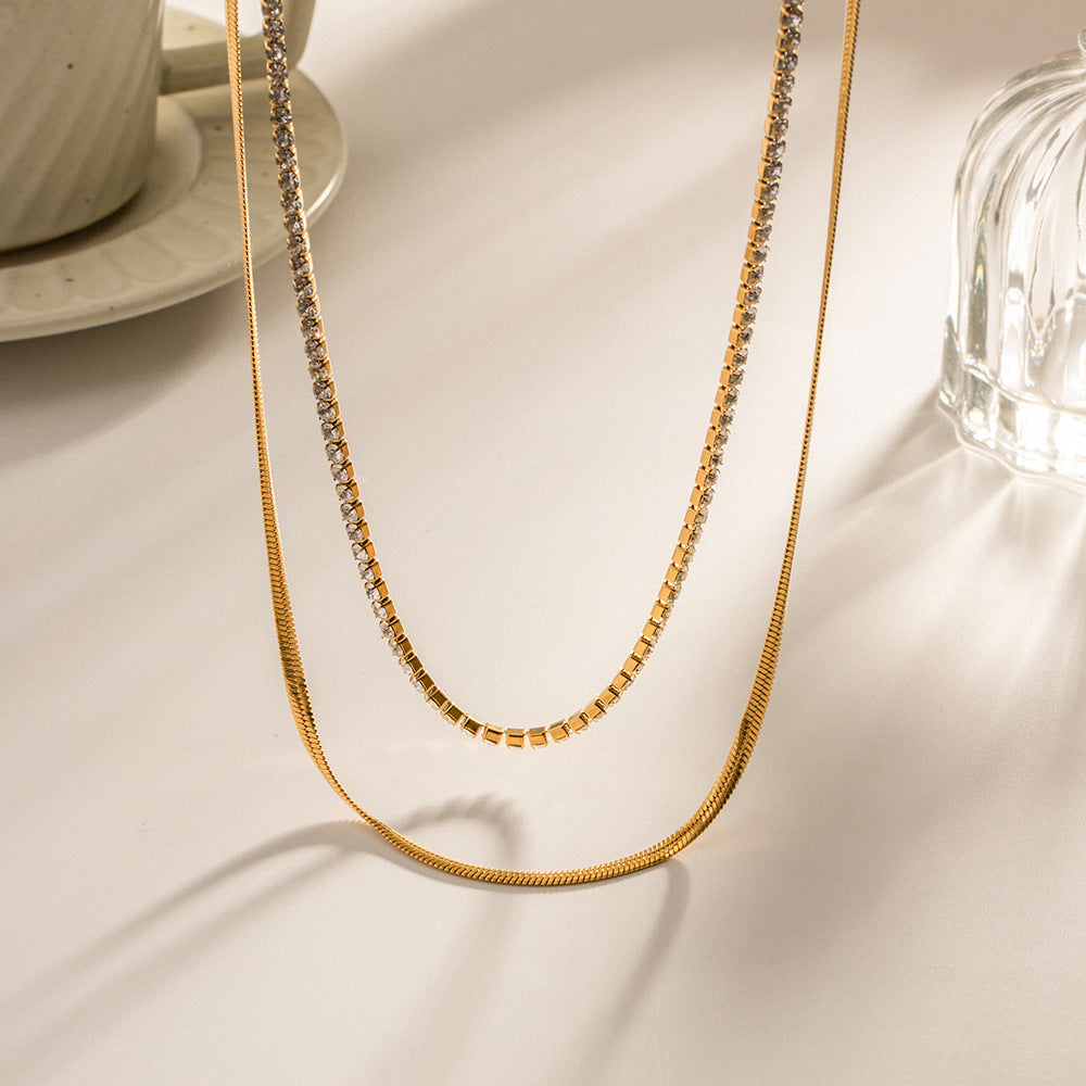 18k Gold Exquisite Dazzling Inlaid White Diamond Snake Chain Double Layer Design Versatile Necklace