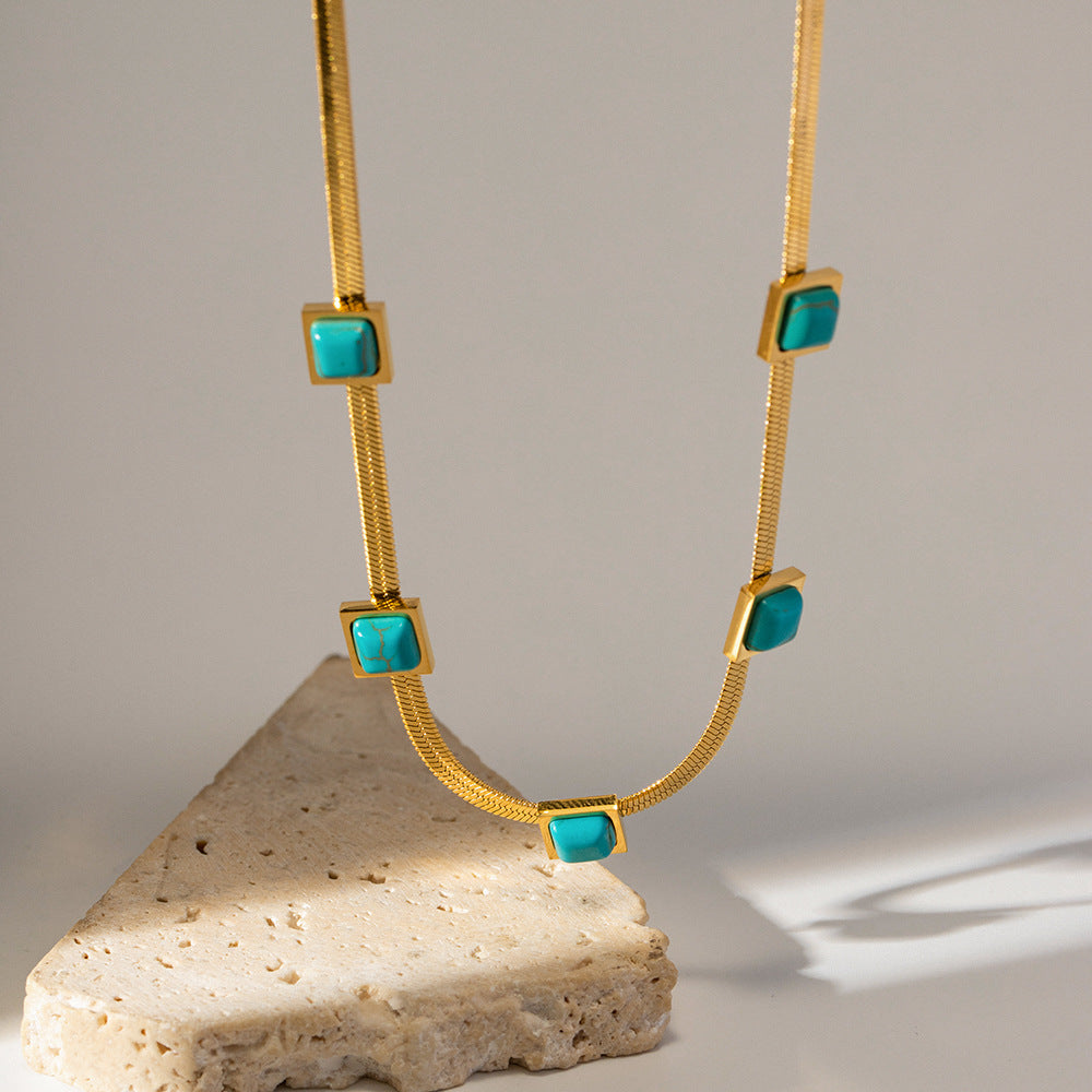 18K Gold Noble Fashion Matching Square Blue Malachite Versatile Necklace
