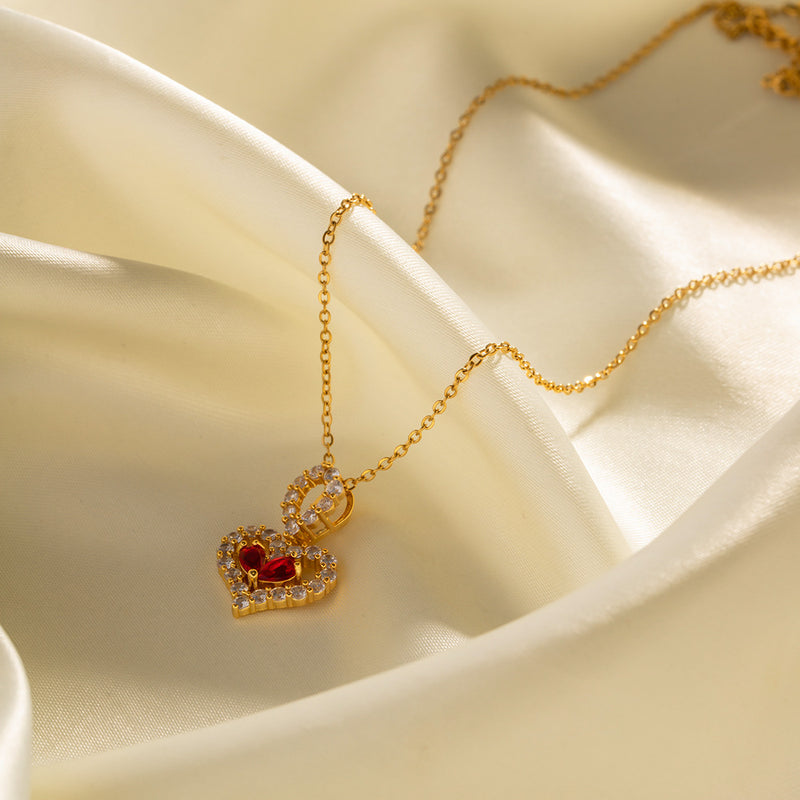 18K Gold Exquisite and Noble Inlaid Red and White Zircon Water Drop Love Design Pendant Necklace