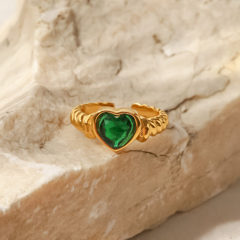18K Gold Plated Green Love Zircon Open Ring