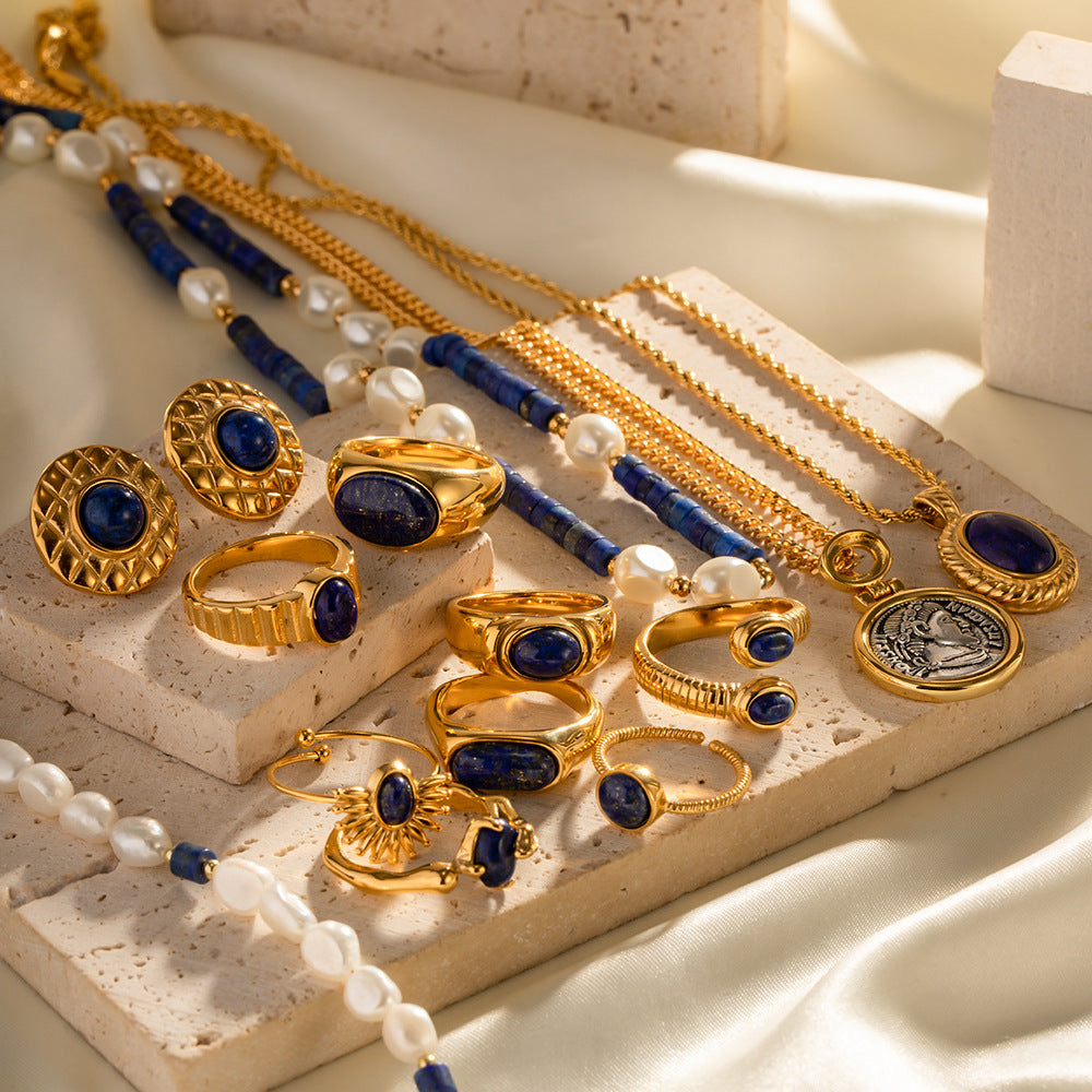 18K gold high-end light luxury lapis lazuli court retro ring