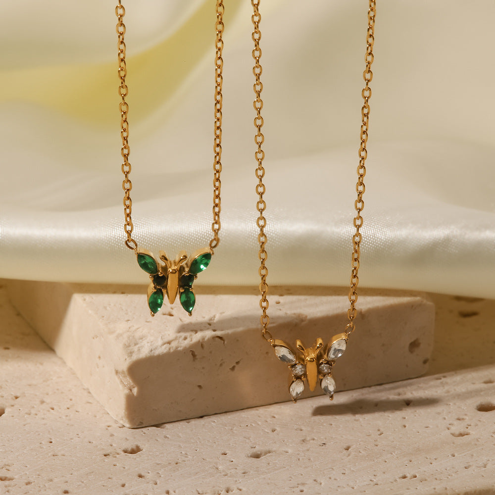 18K gold plated butterfly necklace with green/white zircon stylish temperament