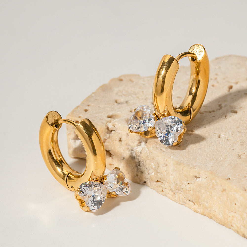 18K Gold Fashion Novel Three-dimensional Diamond-set Double Heart Bow Knot Earrings