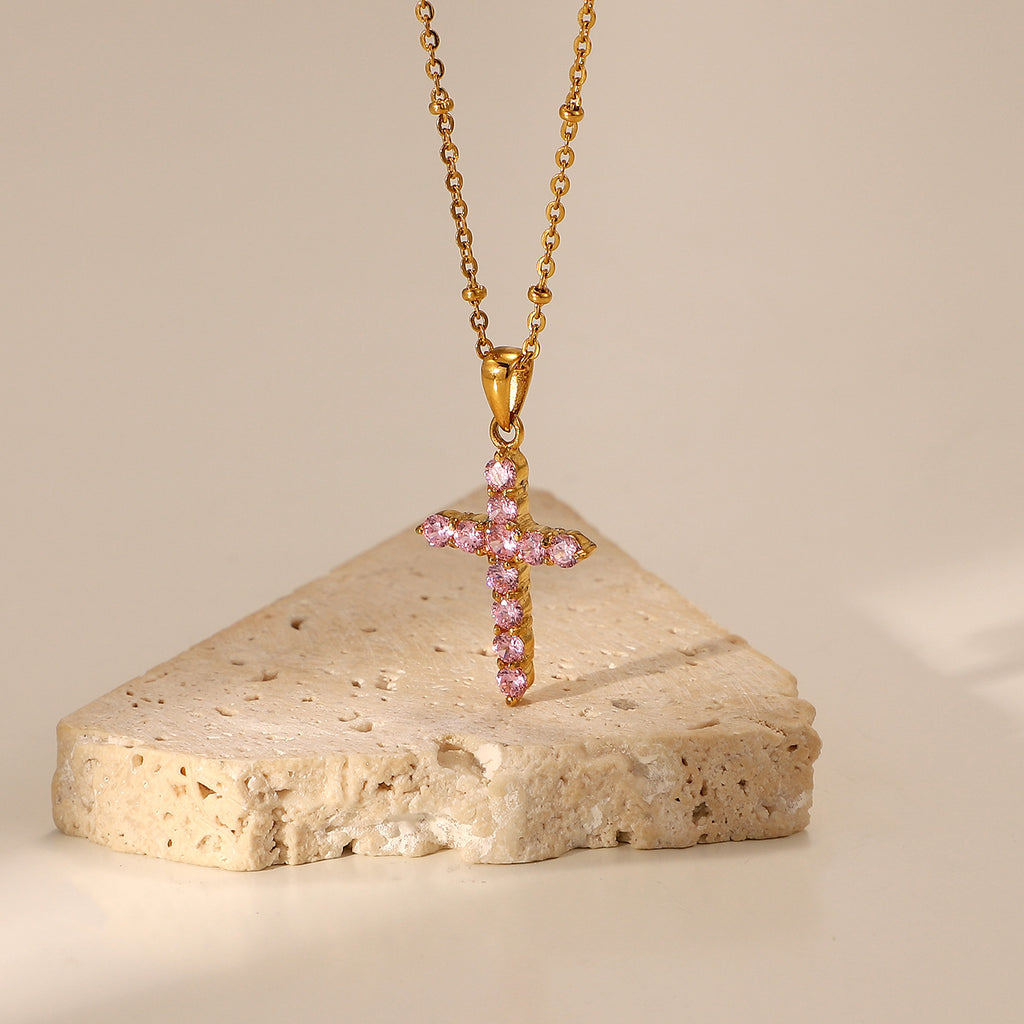 18K Gold Plated Pink Zircon Cross Pendant Necklace