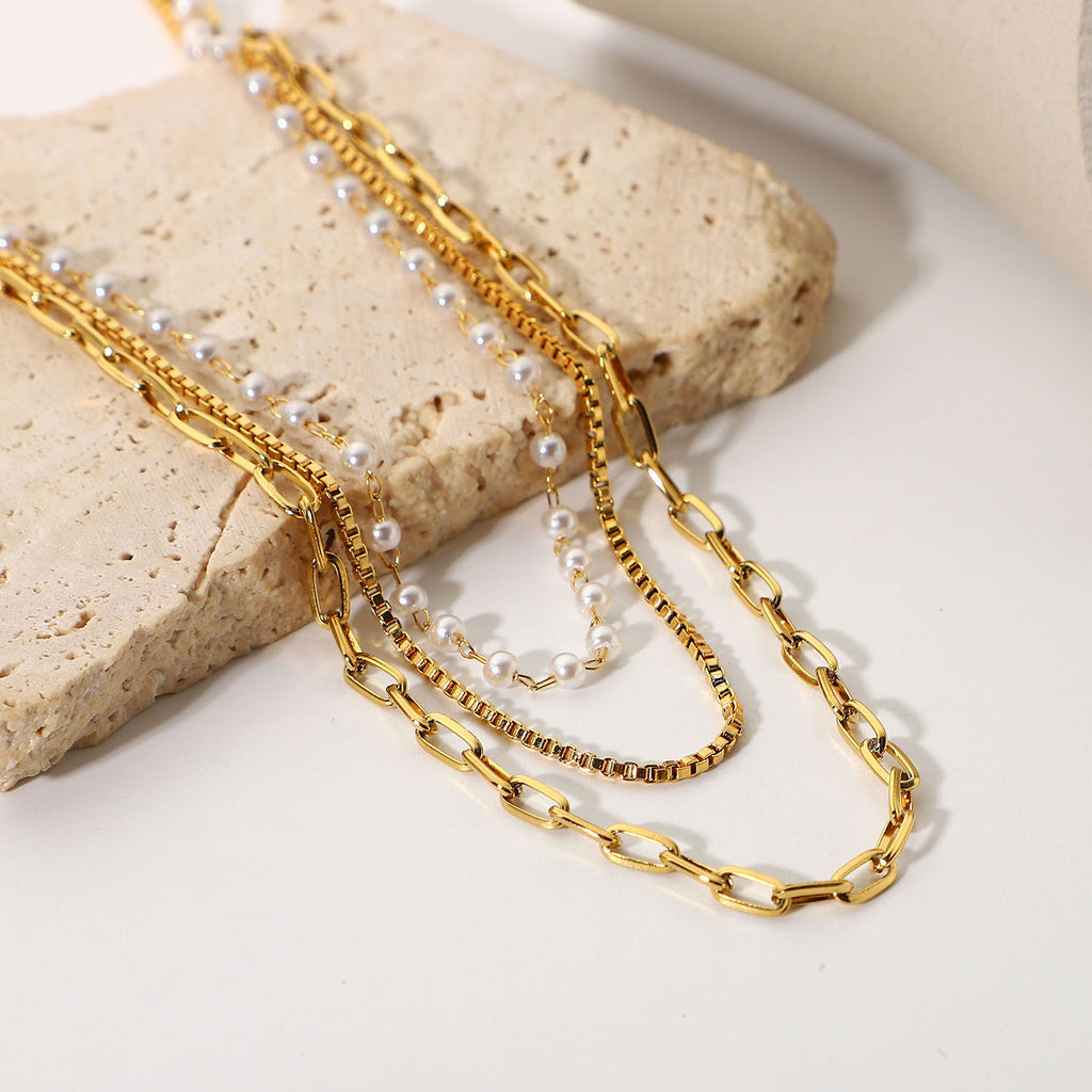 Small Pearl 18K Gold Chain Three Layer Necklace Women