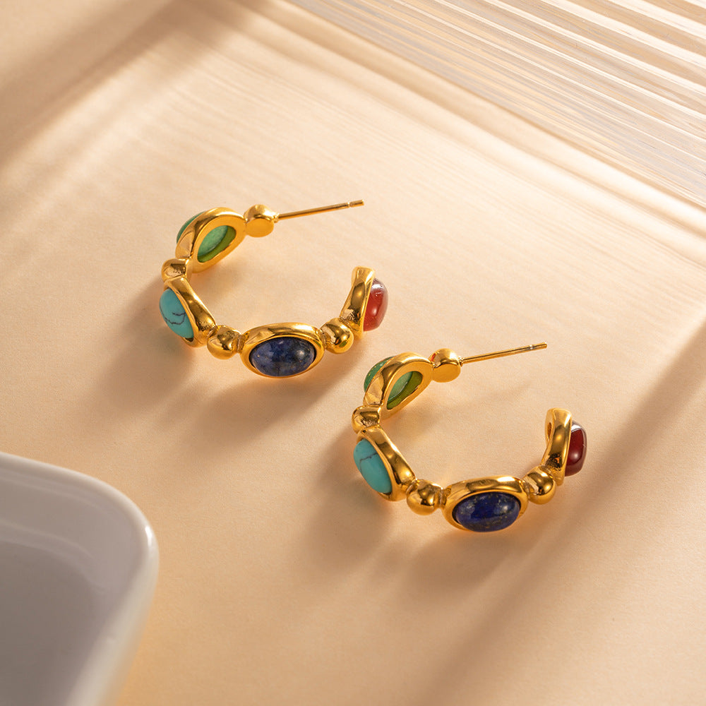 18k Gold Noble Fashion Inlaid Natural Stone C Shape Design Versatile Earrings
