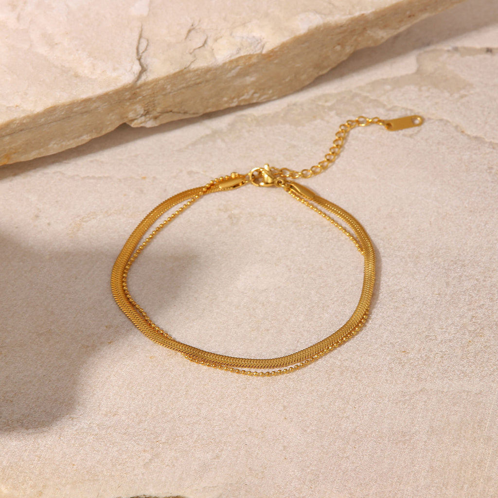 18K Gold Exquisite Dazzling Snake Chain with Millet Bead Chain Double-layer Design Versatile Anklet