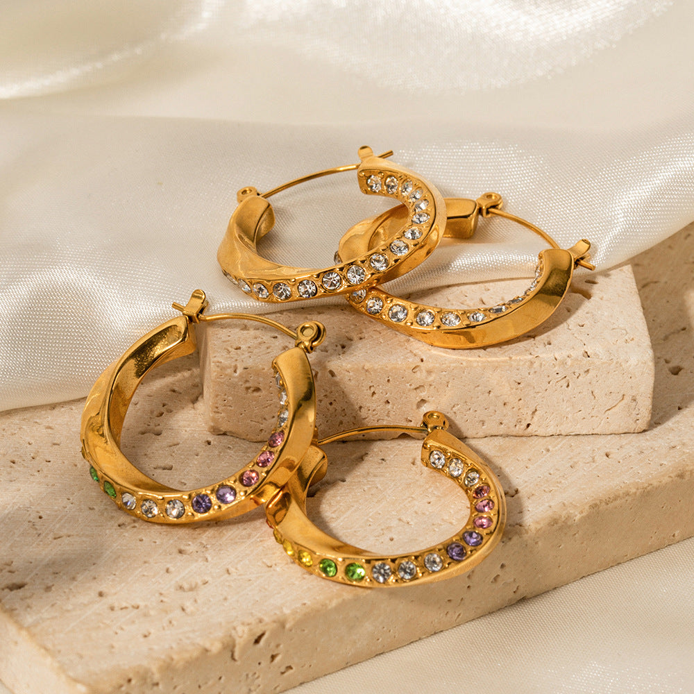 18K Gold Light Luxury Fashion Diamond Mobius Twisted Ring Design Earrings