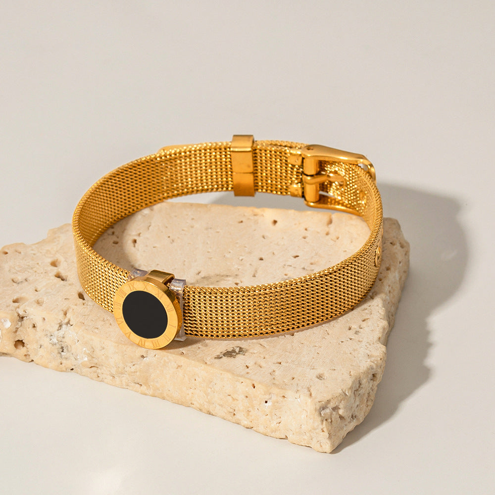 18K Gold Retro Personality Roman Time Watch Band Inlaid with Black Gemstone Design Versatile Bracelet