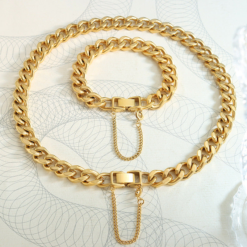 18K Gold Thick Chain Hip Hop Tassel Necklace Bracelet Set