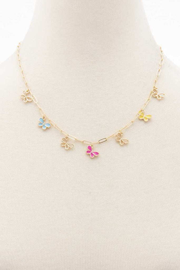Colorful Butterfly Charm Oval Link Station Necklace