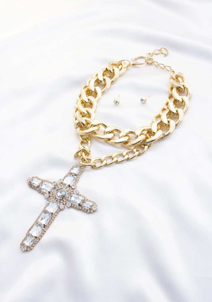 Oversize Cross Curb Link Layered Necklace