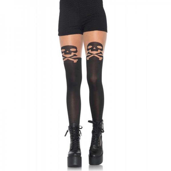Skull, Crossbone Opaque Pantyhose Thigh Accent O/S Black