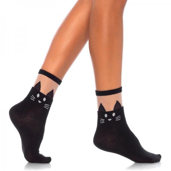 Black Cat Opaque Anklet Socks Sheer Tops O/S Black