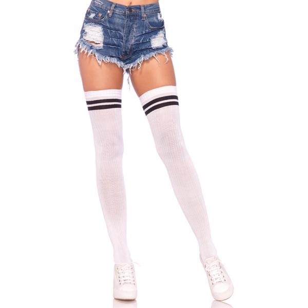 Ribbed Athletic Thigh Highs O/S White/Black