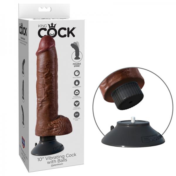 King Cock 10in Vibrating Cock W/balls Brown