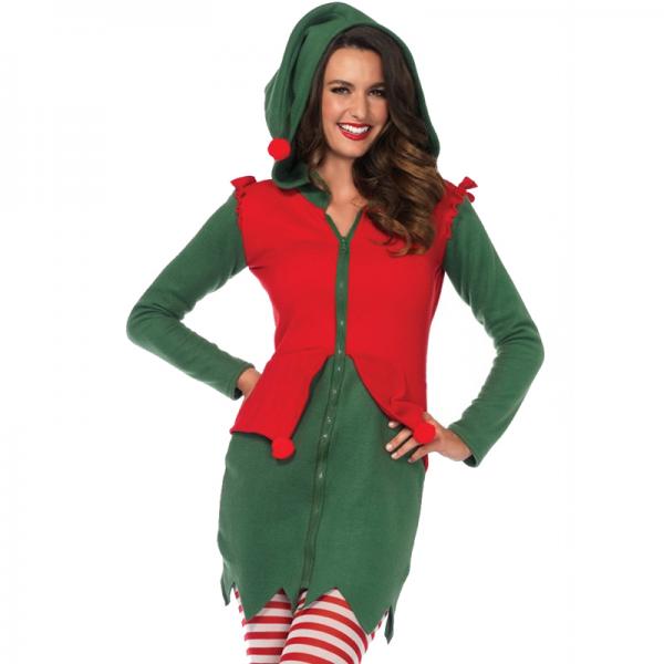 Cozy Elf,fleece Dress With Cute Elf Hood And Pom Pom Accents Green/red Small