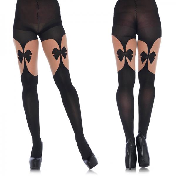 Opaque Illusion Garterbelt Tights With Front & Back Bow O/s Black/nude