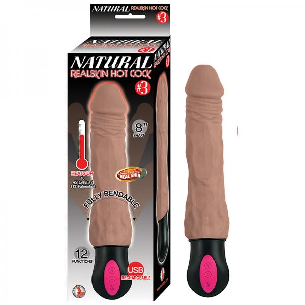 Natural Realskin Hot Cock #3 Fully Bendable 12 Function Usb Cord Included Waterproof Brown