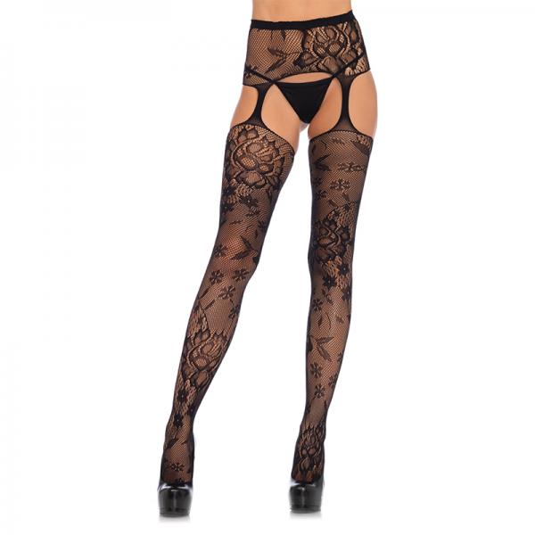 Floral Lace Stockings With Attached High Waist Garter Belt O/s Black