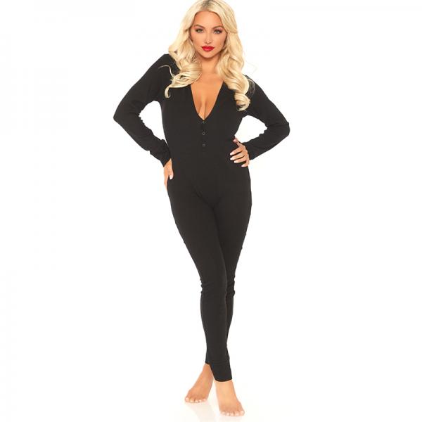 Cozy Brushed Rib Long Johns With Cheeky Snap Closure Back Flap. Black Med/lge