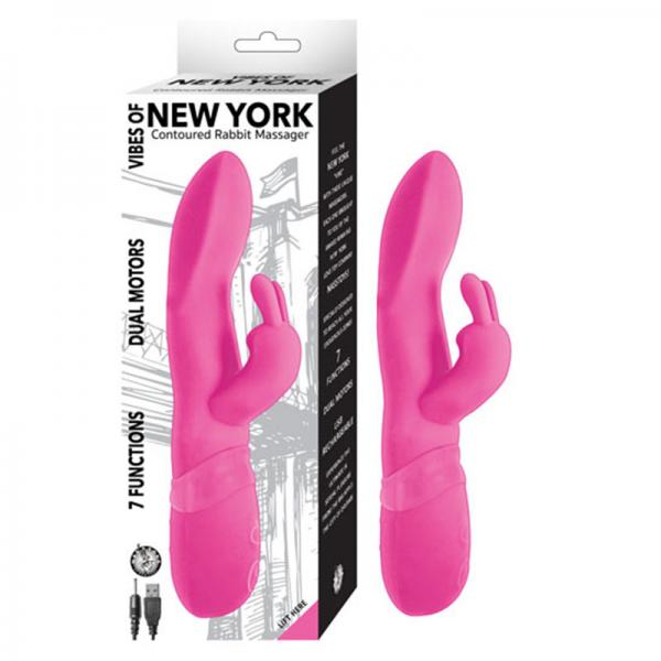 Vibes Of New York Contoured Rabbit Massager 7 Function Dual Motors Rechargeable Waterproof Pink