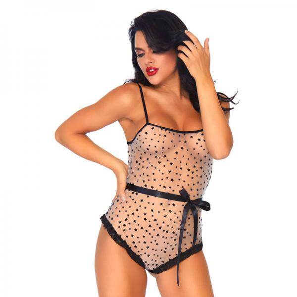 2 Pc Lace Trimmed Sheer Flocked Star Bodysuit With Snap Crotch And Ribbon Tie.