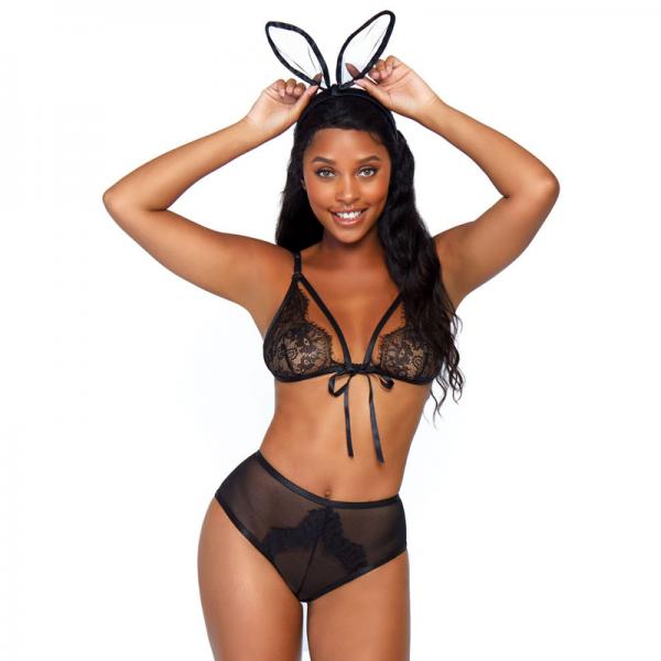 3 Pc Bedroom Bunny, Includes Eyelash Lace Cage Strap Bra Top, Cheeky Backless Panty With Fluffy Tail