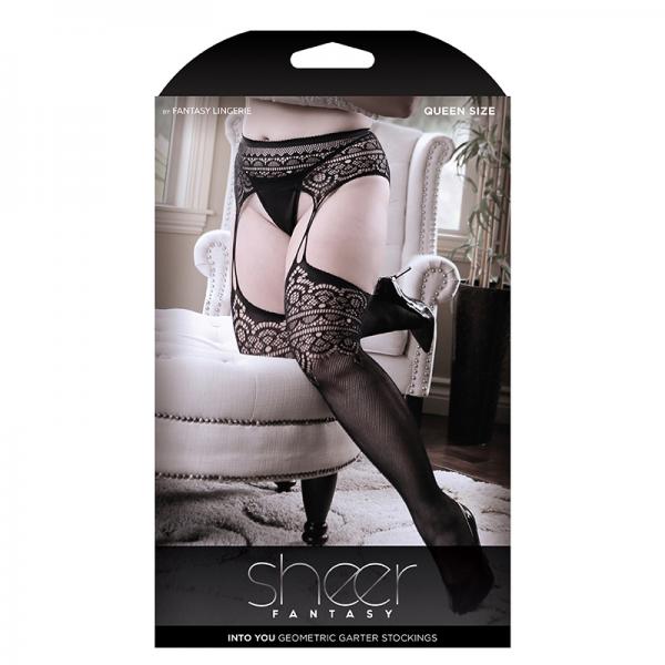 Into You Geometric Garter Belt With Attached Stockings Queen