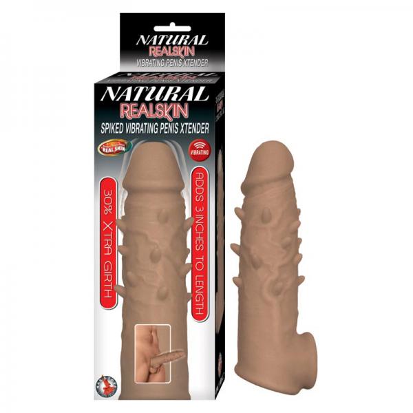 Natural Realskin Spiked Vibrating Penis Xtender - Brown