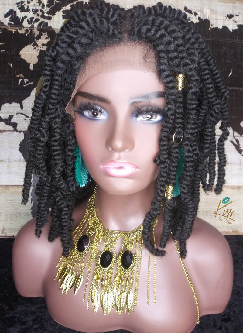 REHYMA~LACE FRONT Wig 4x4 Kinky Spring Twists Wig Color Black 14 in Passion Twists Bomb Twist Natural Hairline