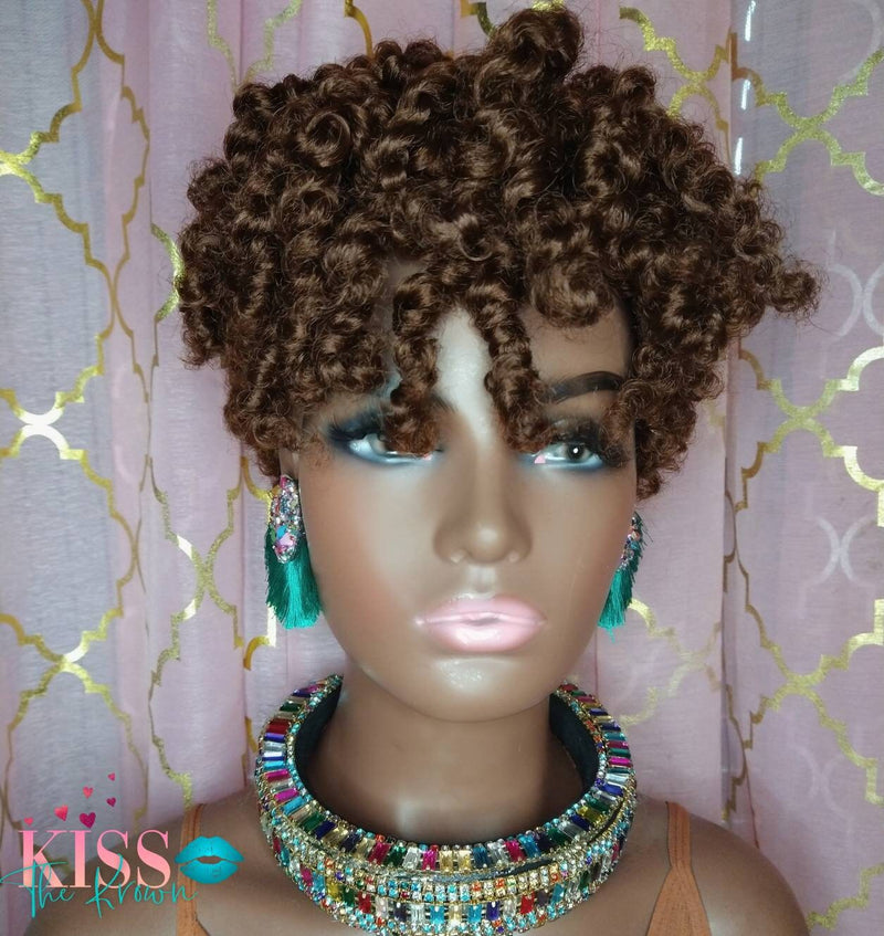 KANIYE~Tapered Short Cut Butterfly Twists Afro Kinky Curly Wig with Bangs Ginger Brown Synthetic Natural Wig Exclusive Style (PREORDER)