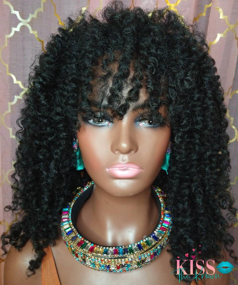 KAULI~Spiral Curly Twist Out Wig With Bangs Premium Synthetic Hair Afro Kinky Yaki Texture Natural Wig 1B Exclusive Style