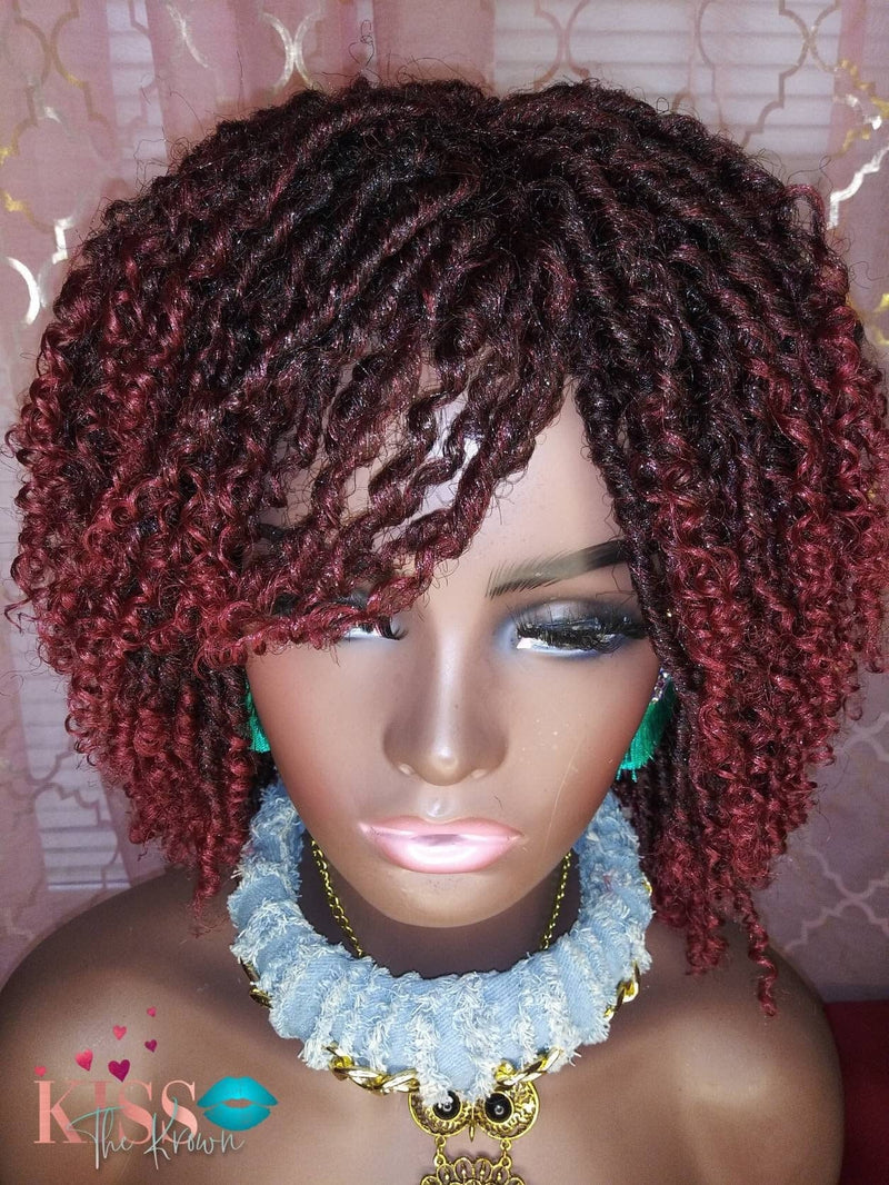 TAILY~Soft Locs Spring Curl Full Wig 1B/Burg Ombre Burgundy 8 in Short Curly Synthetic Hair Faux Dreadlocks Wig with Bangs