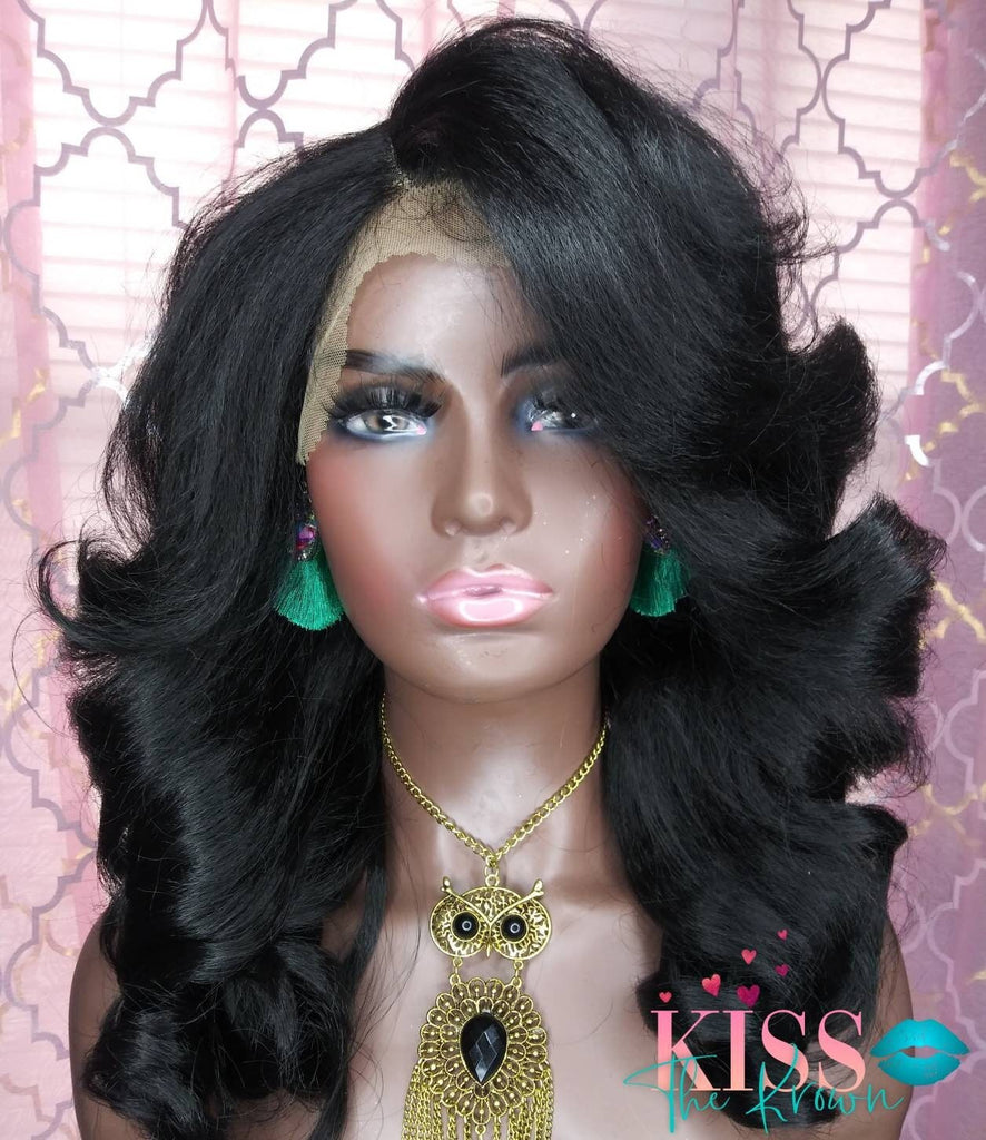 KALIXA~Lace Front Wig Synthetic Kinky Straight Yaki 1B Blow Out Natural Hair Look Layered Body Wave Style Wig 16 in Side Part