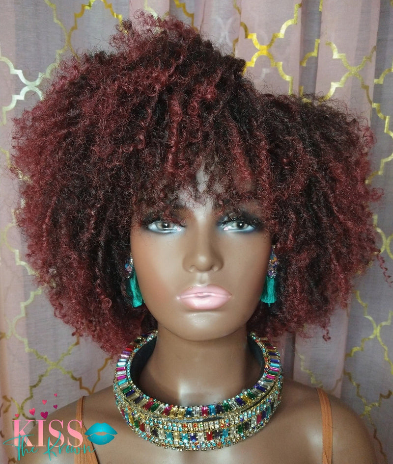 TEMPRA~Spring Curl Kinky Afro Twist Out Full Wig 1B/Burg Ombre Burgundy Red Wine 8 in Short Synthetic Hair Wig with Bangs