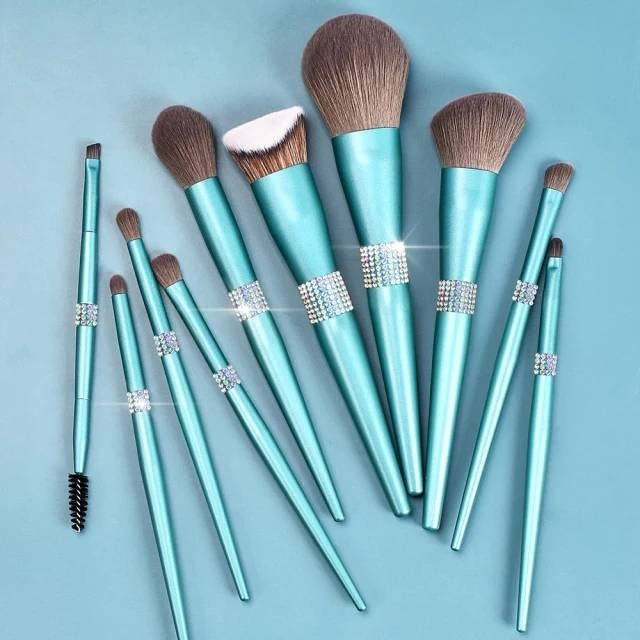 Custom Makeup Brushes Set Teal Blue Bling Personalized Wholesale Private Label Cosmetics Foundation Brushes Makeup Artist Your Logo Printed