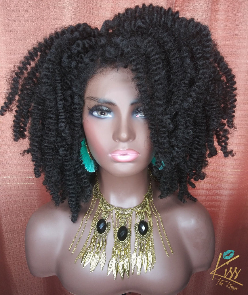 KENYA~LACE FRONT Wig 4x4 Curly Twist Out Wig Color Black 14 in Natural Hair Look Afro Kinky Natural Hairline & Part Big Hair Wig