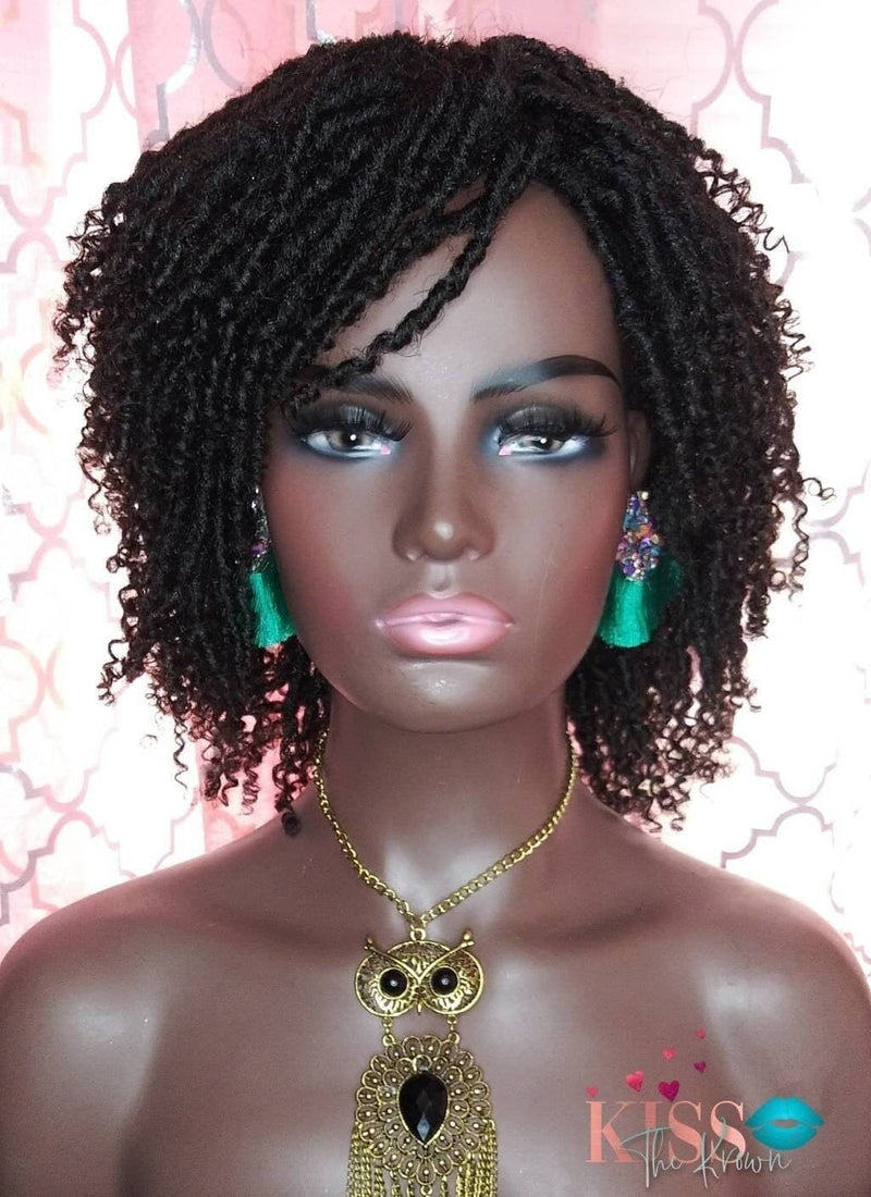 TAILY~Soft Locs Spring Curl Full Wig 1B Natural Black 8 in Short Curly Synthetic Hair Faux Dreadlocks Wig with Bangs