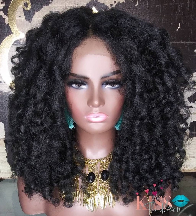 TAKIRE~Lace Front Wig Premium Synthetic Kinky Straight Yaki 1B Blow Out Natural Hairline Layered Body Wave 12 in Lace Middle Part Wig