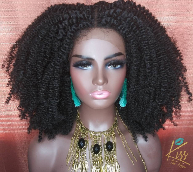 KAMARIA~LACE FRONT Wig 4x4 Curly Twist Out Wig Color Black 16 in Natural Hair Look Afro Kinky Natural Hairline & Part Exclusive Style