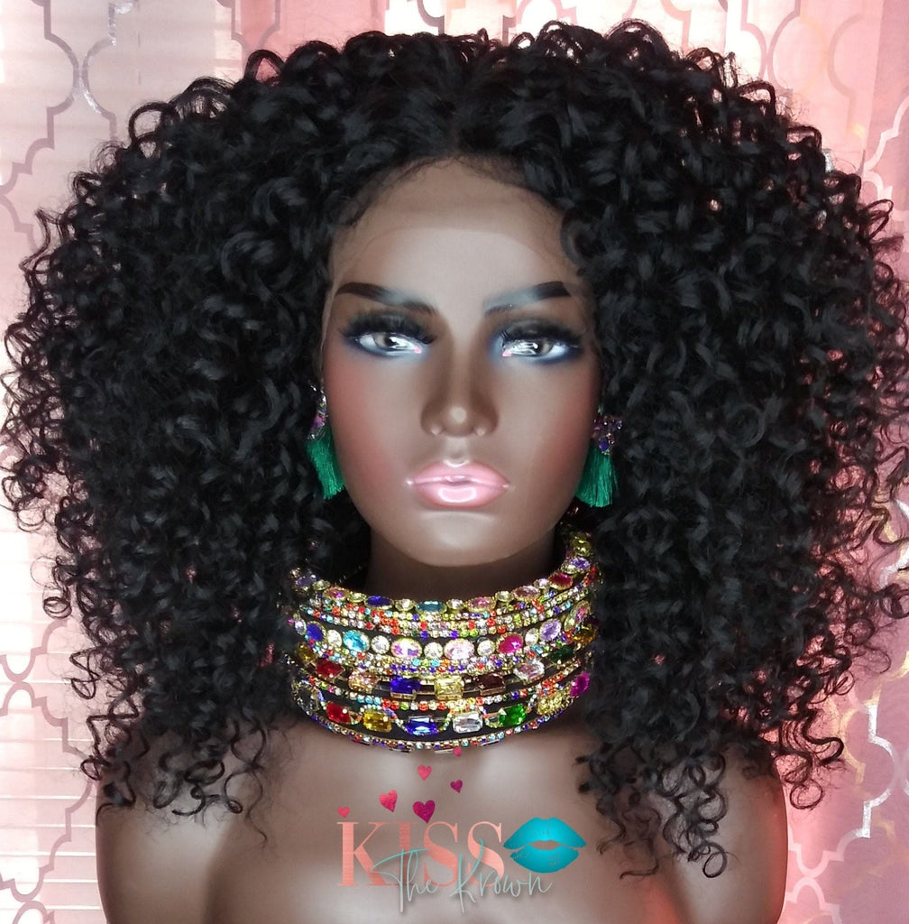 CAULA~LACE FRONT Wig Kinky Curly Wig 1B Spiral Beach Curl 16 in Natural Hair Look Afro Kinky Middle Part Yaki Texture