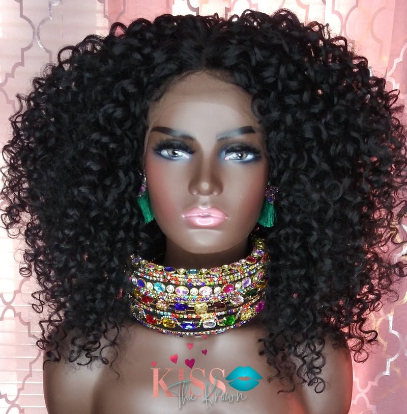 CAULA~LACE FRONT Wig Kinky Curly Wig 1B Spiral Beach Curl 16 in Natural Hair Look Afro Kinky Middle Part Yaki Texture